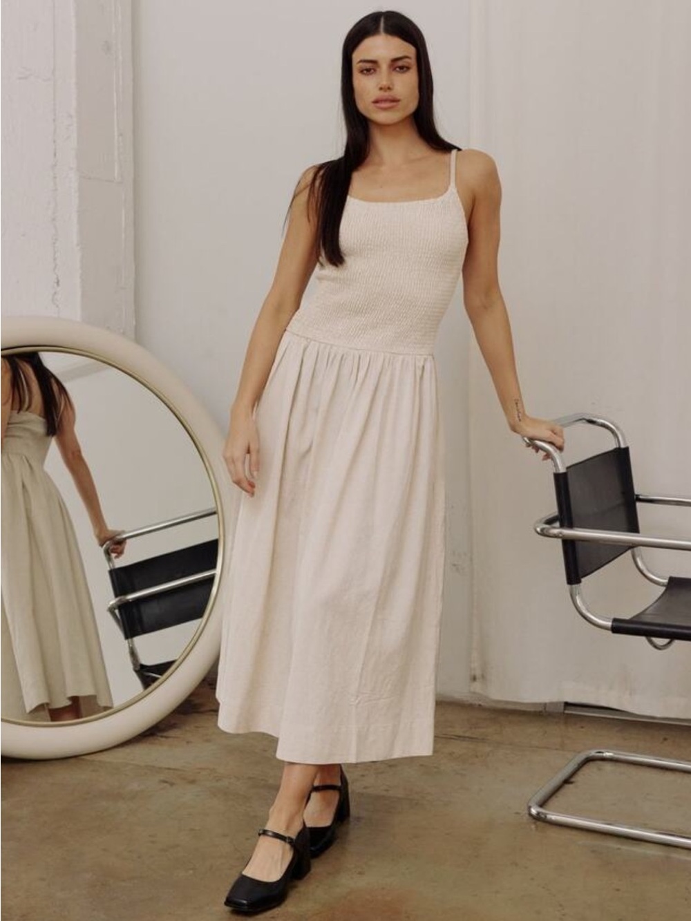 Cream Midi Dress with Drop Waist